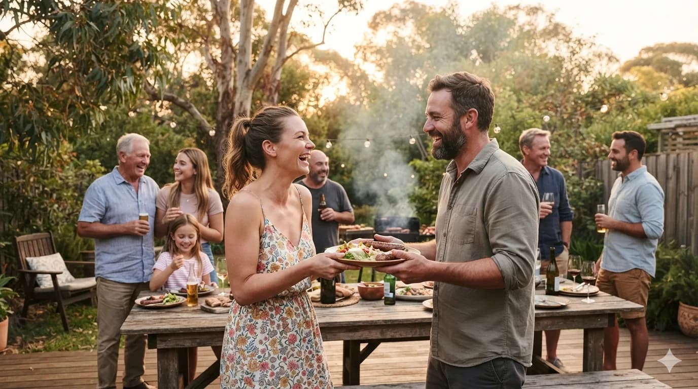 A backyard barbecue at sunset under gum trees